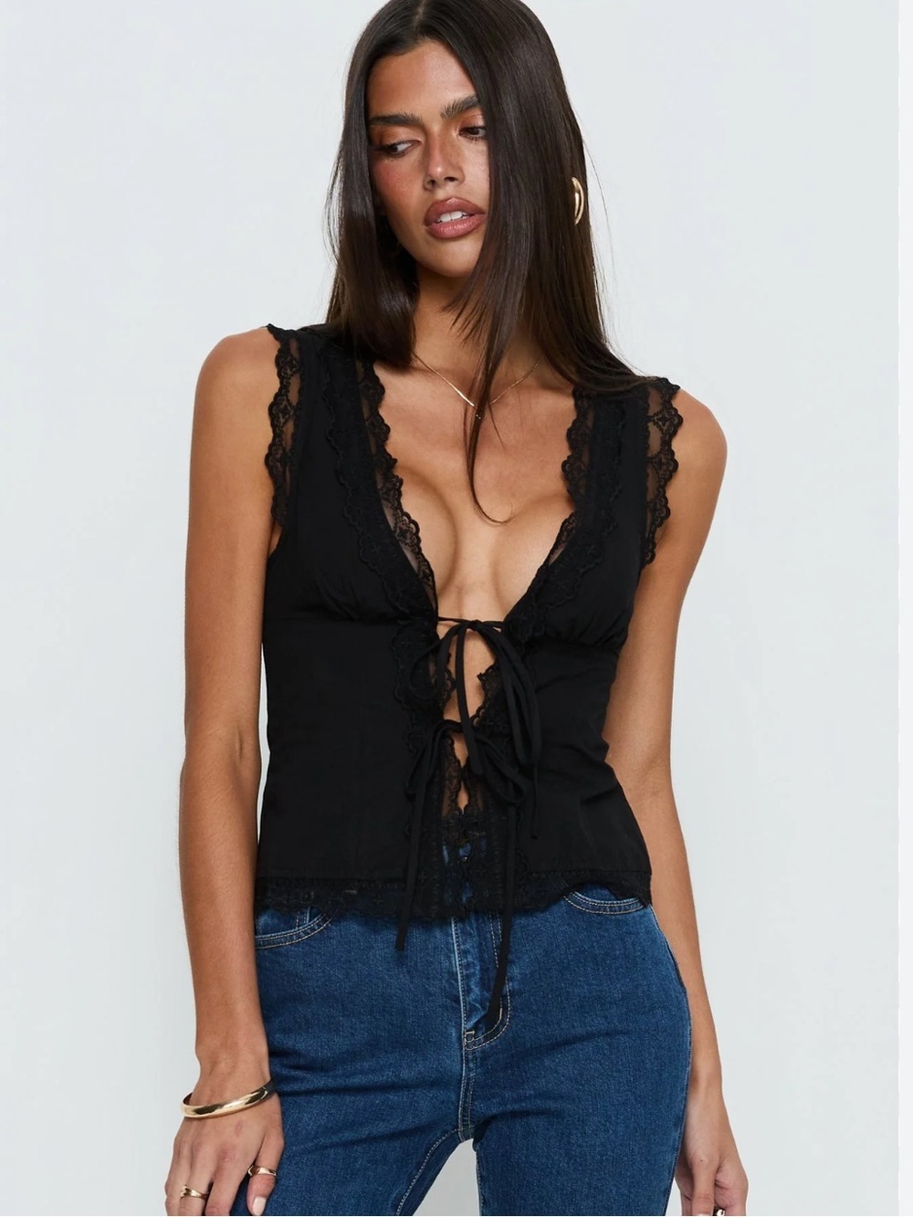 House of Harlow linen Black Crochet-Trim Tie-Front milkmaid babydoll top S